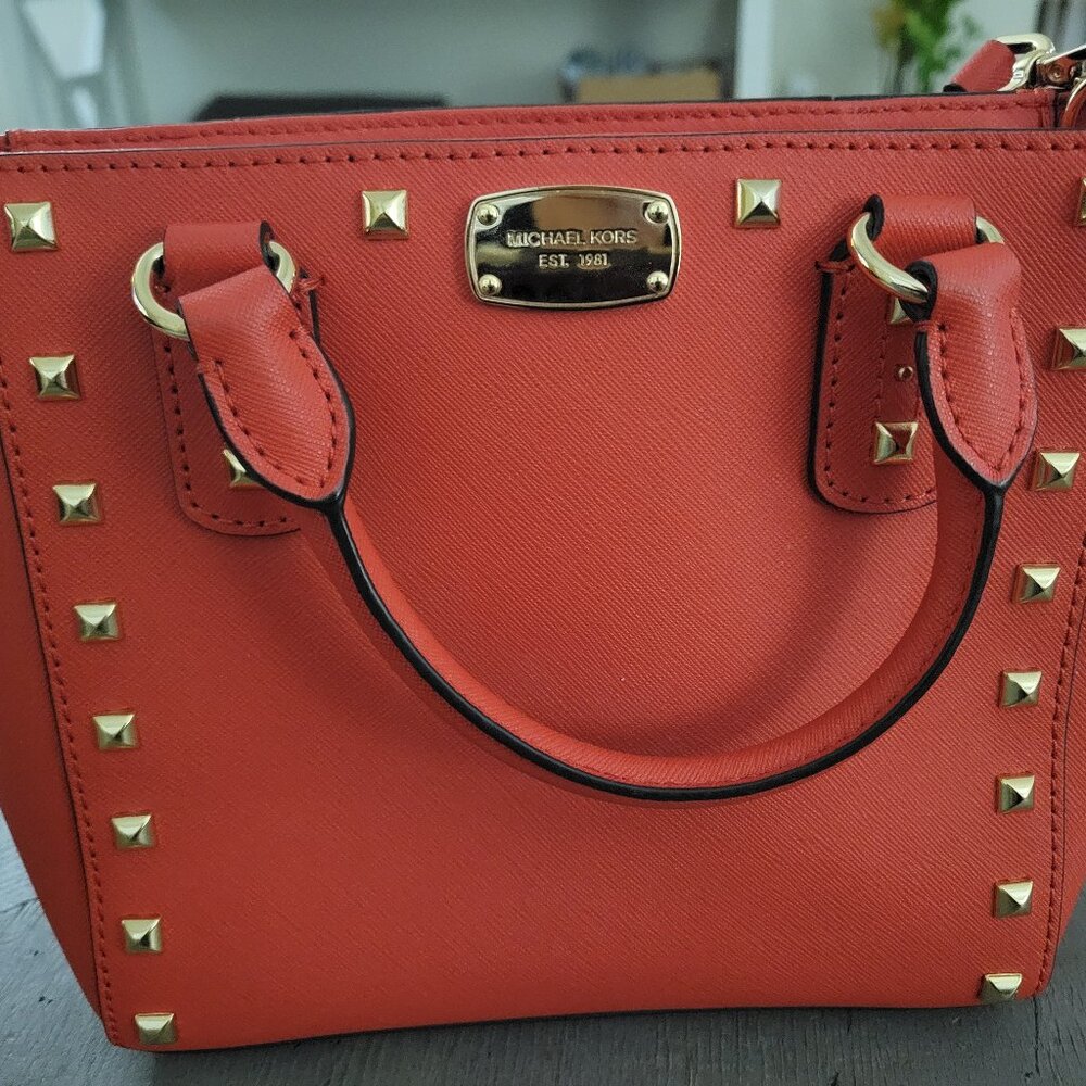Tangerine Studded Small Crossbody Tote Bag – Structured Faux Leather